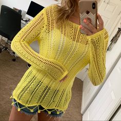 Note: Never Worn! Perfect Condition. However, The White Hanger Strings Were Removed When I Thought It Was Something I Planned To Keep (But Given The Sheerness Of The Sweater, They’ll Need To Be Removed In Order To Wear). This Yellow Open Weave Sweater Pairs Perfectly Over A Tank Or As A Cover Up At The Beach. The Bottom Features Playful Pom-Pom Detail. 60% Cotton 40% Acrylic Casual Long Sleeve Open Knit Cover-up, Fitted Long Sleeve Casual Cover-up, Open Knit Crew Neck Top For Beach Season, Trendy Open Knit Beach Top, Casual Cotton Long Sleeve Cover-up, Casual Open Knit Top As Beach Cover-up, Casual Open Knit Top For Beach Cover-up, Fitted Casual Cover-up For Day Out, Casual Fitted Day Out Cover-up