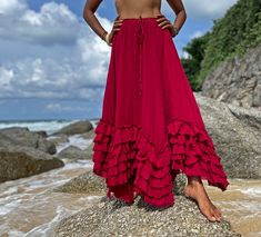 "Red Skirt, Red Skirt for Women, Plus Size Skirt, Boho Skirt Beautiful long cotton skirt, Flamenco raw fringe hemline, stunning beauty. Sizing: Made in one size to fit S to XXL / US: 4/6/8/10/12/14/16 Measurement; Elastic waist 26-40\" Hip max 52\" Length 41\" Bottom hem circumference 74\" or almost 2 meters around. **Model Western is a size US 10. 34\" bust, 39\" hip. 164 cm tall** **Model Asian is a size US 6. 33\" bust, 36\" hip. 165 cm tall** Description: Stunningly beautiful maxi skirt made Mums Outfits, Red Concert, Long Cotton Skirt, Frilly Skirt, Big Skirts, Concert Fit, Plus Size Skirt, Bohemian Skirt, Boho Skirt