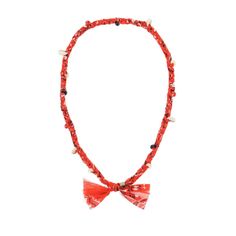 a red and white necklace with bows on it