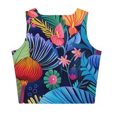 Look fabulous in an all-over printed, body-hugging crop top, now offering FREE SHIPPING to the US, Canada, EU, and UK! The artwork This artwork is a vivid and richly detailed depiction of a variety of African flowers, showcasing a tapestry of vibrant colors and intricate patterns. The piece features a dynamic assortment of floral elements, including large, bold blossoms and delicate foliage, all set against a deep blue background. The use of contrasting colors and stylized forms captures the lus Workspace Essentials, French Collection, African Flowers, Spring Collection, Blue Backgrounds, Deep Blue, Laptop Sleeves, Crop Tops Women, Contrasting Colors