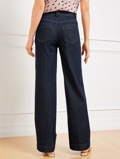 The sophistication of a trouser meets the ease of soft denim. Your favorite wide leg silhouette features a figure-flattering high waist and Five Pocket styling. With a hint of stretch. Perfect for effortless work-to-weekend looks. Features Wide Leg Hits High Waist Full Length Fly front with button closure Five pocket Imported Fit: Misses: 30 1/2"; Petites: 28 1/2"; Plus: 30 1/2" Material: 69% Cotton, 18% TENCEL™Lyocell, 11% LENZING™ ECOVERO™Viscose, 2% Spandex Care: Wash Before Wearing, Turn Garment Inside Out, Machine Wash Cold With Like Colors, Only Non-Chlorine Bleach When Needed; Tumble Dry Low, Warm Iron If Needed | Ultra Wide Leg Trouser Jeans - Juliette Wash Talbots Classic Dark Wash Wide Leg Pants, Classic Denim Blue Wide Leg Pants, Denim Wide Leg Pants For Work, Classic Wide Leg Denim Blue Pants, Elegant Wide Leg Relaxed Fit Jeans, Denim Blue Wide Leg Flare Jeans For Work, Dark Wash Wide Leg Pants For Work, Wide Leg Denim Blue Flare Jeans For Work, Classic High Rise Wide Leg Pants