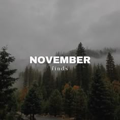 the words november finds are in front of trees and foggy sky with mountains in the background