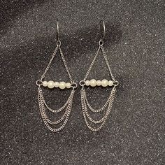 Synthetic Mini White Pearls Fish Hook-White Gold Plated Chain Is Silver Plated About 45 Mm Length Elegant Dangle Earrings With Silver Chain, Elegant Silver Chain Dangle Earrings, Silver Earrings With Delicate Chain For Formal Occasions, Elegant Silver Earrings With Chain Detail, Formal Silver Earrings With Delicate Chain, White Pearl Jewelry With Silver Chain, Elegant Silver Chain Earrings, White Metal Earrings With Pearl Chain, White Dangle Chain Jewelry