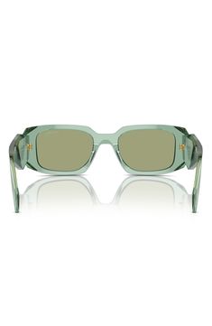 Enjoy the sunny sights in these ultramodern shades that are made in Italy and offer full-coverage UV protection. 49mm lens width; 20mm bridge width; 145mm temple length 100% UV protection Acetate Made in Italy Luxury Designer Green Sunglasses, Rectangular Mirrored Sunglasses In Polycarbonate, Rectangular Tinted Sunglasses In Polycarbonate, Green Prada Sunglasses, Rectangular Polycarbonate Sunglasses With Tinted Lenses, Rectangular Mirrored Polycarbonate Sunglasses, Luxury Green Sunglasses With Gradient Lenses, Luxury Green Glass Sunglasses, Rectangular Tinted Polycarbonate Sunglasses