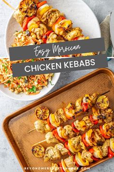 chicken kebabs on skewers with rice and vegetables in the background text overlay says easy moroccan chicken kebabs