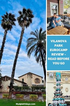 a collage of photos with palm trees and people sitting on benches in front of a house