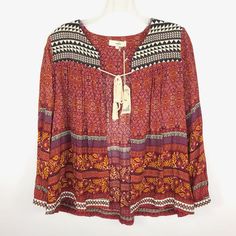 Entro Open Tie Front Boho Red Long Sleeve Blouse Top Sz S New New Size: S Color: Red 100% Rayon Hand Wash Chest (Underarm To Underarm): 21" Waist (Flat Across): 21" Length (Side Of Neck Seam To Hem): 24.5" Sleeve Length (From Shoulder Seam Out): 23" Red Long Sleeve Bohemian Blouse, Red Bohemian Fall Blouse, Red Vacation Top For Fall, Red Boho Print V-neck Top, Red Bohemian Top With Floral Print, Red Bohemian Tops With Floral Print, Bohemian Red Tops With Floral Print, Red Long Sleeve Blouse For Vacation, Bohemian Red Floral Print Top