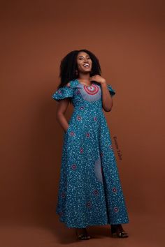 Kumea Maxi  Dress Blue Short Sleeve Dress With Side Pockets, Blue A-line Dresses With Pockets, Fitted Blue Maxi Dress With Pockets, Blue A-line Dress With Pockets, Fitted Blue Dresses With Side Pockets, African Maxi Dress, African Print Shirt, Africa Style, African Princess