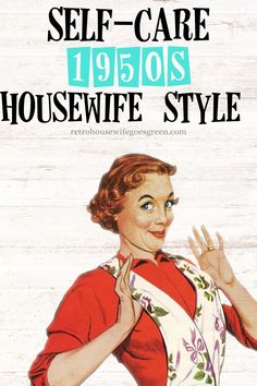 an advertisement for housewife style clothing from the 1950's, featuring a woman in a red dress