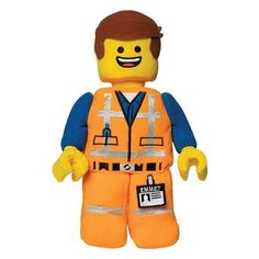 the lego movie character is wearing an orange safety vest