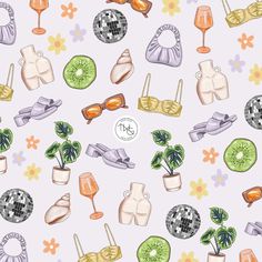 an image of a pattern with glasses and objects on it for wallpaper or fabric