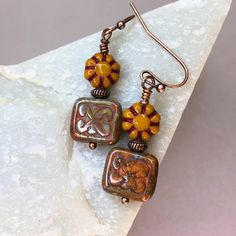 Earth Tone Czech Glass Earrings Copper Jewelry Bohemian - Etsy Eclectic Earrings, Earthy Earrings, 70s Jewelry, Jewelry Rustic, Wire Jewelry Rings, Earrings Stone, Reno Nv, Funky Earrings, Dope Jewelry