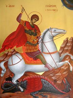 a painting of a man riding on the back of a white horse next to a dragon