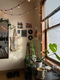 a room with some plants and pictures on the wall next to a large window that has lights strung from it