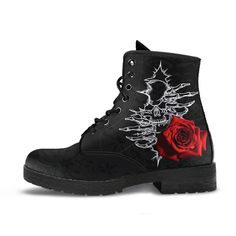 *This design is printed with black lace as the background design (the lace is NOT real fabric lace). All of our Fashion Combat Boots are custom-made-to-order and handcrafted to the highest quality standards. - Made from vegan-friendly faux leather with a double-sided print and rounded toe construction. - Lace-up closure for a snug fit. - Soft textile lining with sturdy construction for maximum comfort. - High-quality rubber outsole for traction and exceptional durability. *Please note that color Gothic Boots Women, Af Shoes, Rose Boots, Witch Shoes, Witch Boots, Combat Boots Style, Goth Witch, Gothic Lace, Goth Shoes