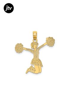 14k yellow gold textured cheerleader jumping with pom-pom's charm. Measures approximately 15/16"L x 1 5/16"W and has a 4.5mm bail. Pom Pom Charm, Gold Texture, Cheerleading, A 4, Pom Pom, Yellow Gold, Texture, Yellow, Pendant