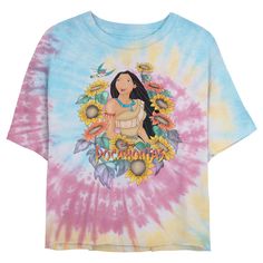 Paint with all the colors of the wind and the Disney Pocahontas Juniors' T-Shirt! Head to the new world to discover gold (or love) with Pocahontas, John Smith, Grandmother Willow, Meeko, Percy, and more. Multicolor Disney T-shirt For Summer, Disney Pocahontas, Plus Size Fits, Socks And Tights, Womens Tie, Crop Tshirt, Pocahontas, Sweaters And Jeans, Tie Dye Top