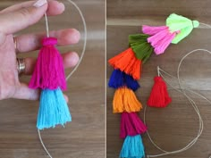 two pictures side by side, one with different colored tassels and the other with white thread