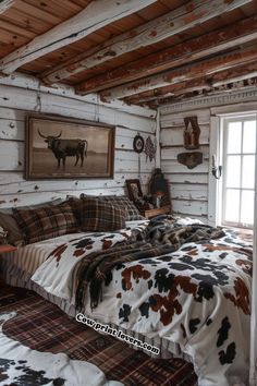 a bed in a bedroom next to a window with cow prints on the sheets and pillows