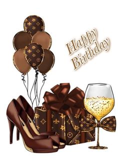 a pair of high heeled shoes next to a wine glass and gift boxes with balloons