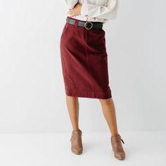 Elevate Your Denim Collection With The 'Adrian' Denim Skirt! This Midi Skirt Is Made From Cotton With A Hint Of Stretch For Comfortable All Day Wear. The Flattering High Waist Is Accented By A Back Double Dart Detail For A Feminine Fit At The Waist. Featuring Deep Pockets To Stash Your Phone Or Keys On The Go And Wide Belt Loops For A Little Flair. This Denim Midi Skirt Is Perfect For Tucking A Statement Tee Or Cozy Sweater. This Style Is A Perfect Mix Of Classic And Relaxed For Work Wear Or The Relaxed Denim Skirt For Workwear In Fall, Fitted High-waist Denim Skirt For Fall, Fitted High Waist Denim Skirt For Fall, Classic High Waist Skirt For Fall, Classic High-waist Skirt For Fall, Red Knee-length Bottoms For Fall, Red Midi Skirt For Fall, Red Lined Skirt For Fall, Knee-length Cotton Denim Skirt For Fall