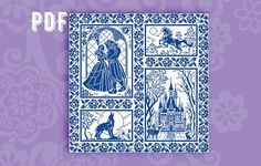 a blue and white book cover with images of people in medieval dress, on a purple background