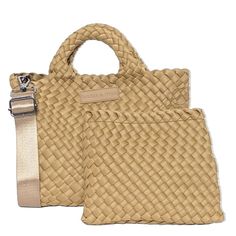 The woven mini tote comes with all the same features as our popular woven totes. This fun-sized bag is the perfect accessory to hold all your necessities! Handwoven pouch and adjustable crossbody strap included. Dimensions: Expanded: 11” x 7” x 5.5” / 3” Handle Drop Beige Bag With Intrecciato Weave For Everyday Use, Everyday Beige Bag With Intrecciato Weave, Beige Pouch Shoulder Bag With Intrecciato Weave, Beige Rectangular Bag With Intrecciato Weave, Beige Intrecciato Weave Pouch Shoulder Bag, Beige Intrecciato Rectangular Bag, Beige Woven Leather Pouch Bag, Beige Pouch Bag With Intrecciato Weave, Beige Tote Shoulder Bag With Intrecciato Weave