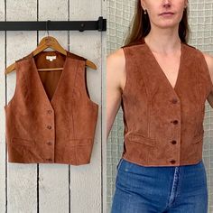 "This vintage rust brown suede leather reversible vest from the 70s is a must-have for any fashion-forward individual looking to add a touch of westernwear to their wardrobe. The unique design features a classic vest cut with a reversible twist, giving you two distinct looks in one. The brown color is versatile enough to pair with any outfit. Made from high-quality leather, this vest is both durable and stylish, perfect for any occasion. Add this vintage piece to your collection today and make a Reversible Vest, 70s Retro, Vintage Country, The 70s, Brown Suede, Western Wear, High Quality Leather, Vintage 70s, Brown Color