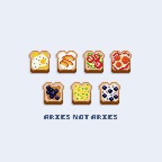 the pixel art is showing different types of breads and fruit on each side, with words