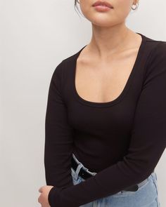 The Supima® Micro-Rib Long-Sleeve Scoop-Neck Black – Everlane Fall Long Sleeve Scoop Neck Top For Layering, Fall Long Sleeve Top For Layering With Scoop Neck, Fall Scoop Neck Long Sleeve Top For Everyday, Everlane Crew Neck Top For Spring, Casual Everlane Tops For Fall, Everlane Casual Fall Tops, Everlane Casual Tops For Fall, Spring Everlane Tops, Casual Long Sleeve Scoop Neck Top For Layering