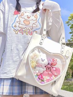 This price is for an ita bag only, the ita bag contents are not included. Bag Details:Divided Interior / Zip ClosureFabric:PU Size Free Size Length 27 Height 30 Depth 7 White Shoulder Bag For Valentine's Day, White Heart-shaped Travel Bag, White Heart-shaped Shoulder Bag For Daily Use, Cute White Bag For Valentine's Day, Cute White Bags For Valentine's Day, White Heart-shaped Everyday Bag, Bag Contents, Kawaii Bags, Ita Bag