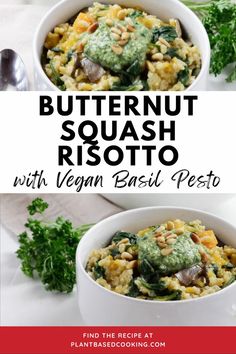 butternut squash risotto with vegan basil pesto in a white bowl