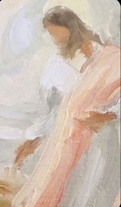 an abstract painting of a woman in pink and white dress with her hands on her hips