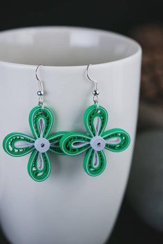 Green  quilled earrings/ Green & silver earrings/ Silver | Etsy Green Dangle Earrings For Mother's Day, Green Dangle Flower Earrings For Gift, Handmade Green Earrings For Birthday, Handmade Green Earrings For Birthdays, Green Drop Earrings For Birthday, Handmade Earrings For Birthday And Mother's Day, Handmade Turquoise Flower Earrings For Gift, Green Earrings With Ear Wire As Gift, Diy Quilling Earrings