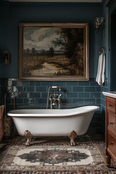 vintage bathroom, moody vintage bathroom, dark vintage bathroom, bathroom decor, bathroom inspo Dusky Blue Bathroom, Vintage Inspired Master Bath, Moody Timeless Home, Naval Bathroom, Bathroom Layout With Bathtub, Tub Room, Vintage Elegance Aesthetic, Bathroom Powder Blue, Curated Spaces