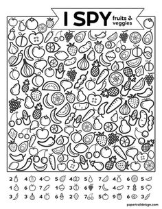 a coloring page with the words i spy on it and an image of fruits and vegetables