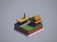 a low poly model of a house on top of a small island with picnic tables