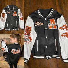 Customized Kids Letterman Jacket, Personalized with your kid's name and youth sports team, accomplishments, and a great keepsake. It makes an excellent gift for your little sports-loving Kiddo.  ⭐️ Handmade Personalized Keepsake ⭐️ 🧡Custom Youth Letter Jacket 🧡 🎅🏻 🎄Perfect Christmas gift for your favorite little Cheer/Baller   $85 Standard Order Includes  * Town/Mascot Patch In School Colors 🧡🖤 * Child's Name  * Last Name on Back  * Graduating Class Year on Sleeve  * 2- Custom Sports Patches  * $5 for each additional Sports patch  📣 Processing time is 10-15 days after payment. A $10 upcharge is available for Rush orders. 📣 Material: Soft Cotton Polyester Blend - Lightweight - Med Warmth - Sweatshirt Style material.   📣 Payment - All orders are custom and made to order in-house an Cheap Varsity Tops With Team Name, Letterman Jacket Women, Letter Jacket Ideas, Letter Jacket Patches Placement, Team-colored Long Sleeve Varsity Jacket With Team Name, Varsity Jacket With Team Name For Game Day, Game Day Varsity Jacket With Team Name, Game Day Long Sleeve Varsity Jacket With Team Name, Team-colored Outerwear With Team Name For Game Day