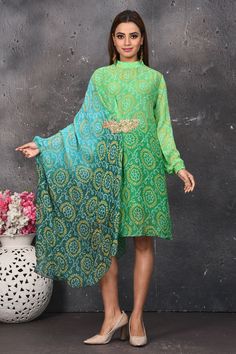 Buy stunning ombre green bandhej print indowestern dress online in USA. Be party ready with exclusive designer wear outfits. Indian designer suits, Anarkali dresses, palazzo suits, sharara suits from Pure Elegance Indian fashion store in USA.-full view Green Georgette Kurta For Party, Georgette Bandhani Print Dresses For Party, Green Bollywood Georgette Dress, Bandhani Print Dupatta For Navratri Party, Navratri Long Sleeve Party Dresses, Navratri Party Wear Dresses With Long Sleeves, Traditional Green Dress For Party, Navratri Party Dupatta With Bandhani Print, Navratri Party Bandhani Print Dupatta