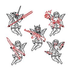 six angels with swords in their hands and some red lines on the back of them