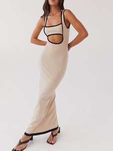 Fitted Cutout Maxi Dress, Fitted Maxi Dress With Cutout, Chic Floor-length Dress With Cutout, Chic Maxi Dress With Side Slits And Cut-out Waist, Chic Beige Maxi Dress With Side Slits, Beige Maxi Dress With Side Slits, Spring Maxi Dress With Cut-out Waist, Spring Maxi Dress With Cut-out Waist And Fitted Style, Spring Fitted Maxi Dress With Cut-out Waist