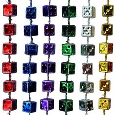 several different colored dices hanging from a string