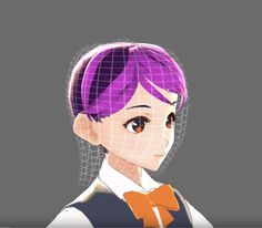 an anime character with purple hair and orange bow tie