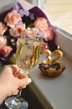 a person holding a wine glass in front of a window with flowers on the windowsill