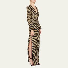 Balmain evening gown with all-over sequin embellishments in a zebra print styling  V-neckline  Concealed back zip  Long sleeves Column silhouette  Polyamide/elastane Lining: Elasterell-p/silk Imported Sequin Evening Gowns, Bergdorf Goodman, Zebra Print, Evening Gown, Fashion Prints, Evening Gowns, Embellishments, Sequin, Tops Designs