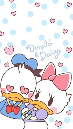 two cartoon characters hugging each other with hearts in the background and words above them that read, donald & daisy