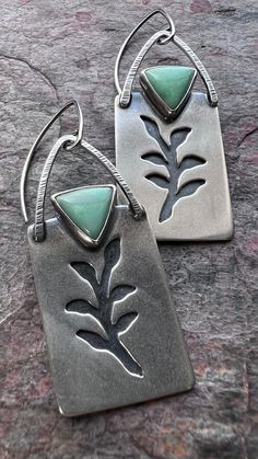 Unique Green Earrings With Oxidized Finish, Green Earrings With Oxidized Finish, Green Sterling Silver Earrings With Oxidized Finish, Unique Hand Forged Green Earrings, Nickel-free Silver Chrysoprase Jewelry, Turquoise Soldered Sterling Silver Earrings, Metal Jewelry Handmade, Rivet Jewelry, Leaf Jewellery