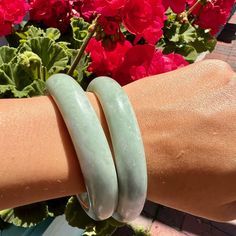 Jade Bangle made to order in 2 sizes. Measures a little more than 1/2 inch in width. Natural smooth stone slip on bangle for everyday wear. free jade ring Small 7.5 inches Regular 8.0 inches Gift bag included. There is a one week turnaround for this item excluding weekends and holidays. Free first class shipping with additional costs for expedited services. Lucky Stone, Bangles Making, Stone Bangle, Jade Bangle, Jade Ring, Jade Jewelry, Natural Jade, Funky Nails, Jade Stone