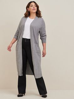 FIT Model is 5'9” wearing size 1. . Measures 48” from shoulder (size 2). Duster silhouette. MATERIALS + CARE Everyday Soft Sweater fabric: Our easiest, year-round knit staple with a versatile look and feel that you can dress up or down. No pilling, just style. . Stretch level: Medium. . 52% rayon, 28% polyester, 20% nylon. . Machine wash cold. Lay flat to dry. . Imported. . DETAILS Open front. Long sleeves. Front pockets. The best plus size women's everyday soft duster open front sweater sweater Halloween Cardigan, Sweater Fabric, Open Front Sweater, Sweater Fits, Just Style, Soft Sweater, Jersey Knit Fabric, Softest Sweater, Long Sleeve Cardigan