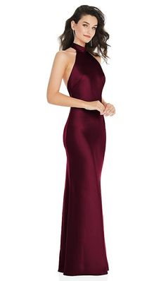 Scarf Tie High-neck Halter Maxi Slip Bridesmaid Dress In Cabernet | The Dessy Group Slip Bridesmaids Dresses, Dessy Collection, Halter Bridesmaid Dress, High Neck Halter, Scarf Tie, Social Dresses, Formal Skirt, Infinity Dress, Halter Maxi